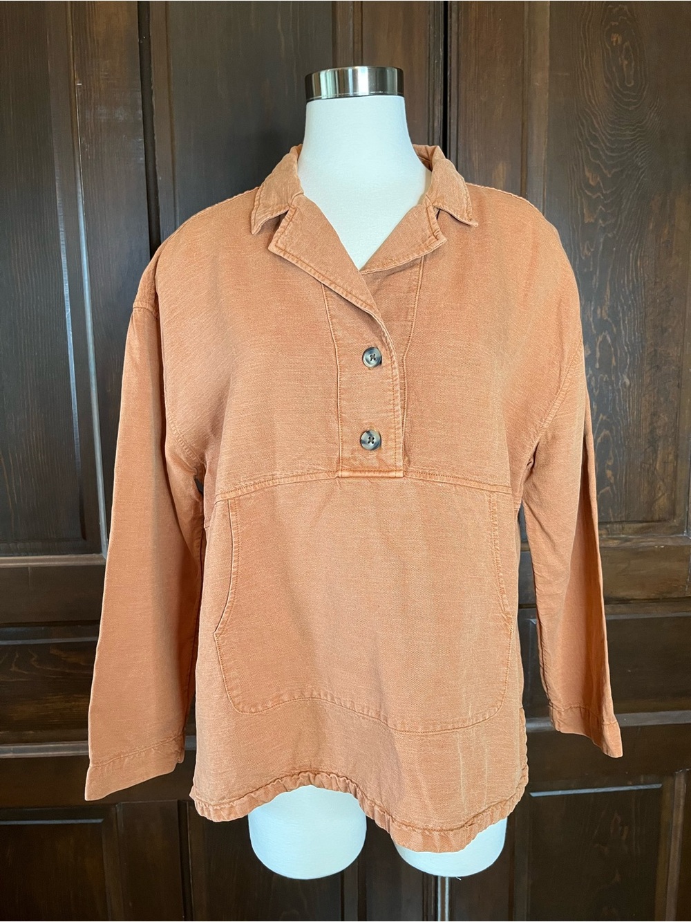 Nicole Miller Pullover Top Linen Blend Front Pouch Pocket Rust Oversize Womens L